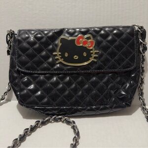 LOUNGEFLY Hello Kitty Metal Plate & Chain Black Quilted Crossbody Bag